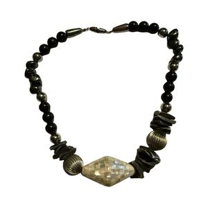 Mosaic Mother-of-Pearl, Hematite & Onyx Bead Necklace